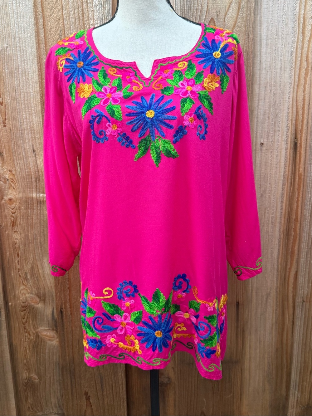 Bright Pink Embroidered Floral Tunic 3/4 sleeves